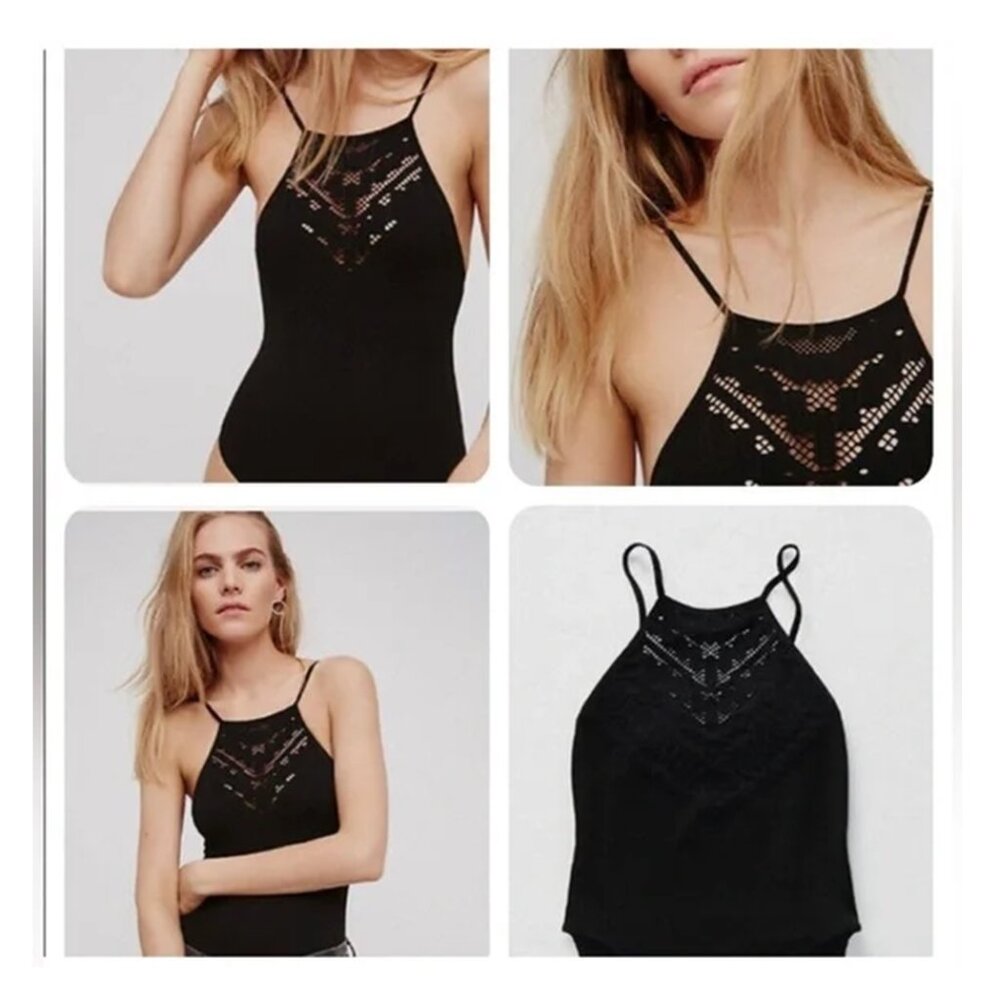 Free People Intimately Seamless Solstice Black Ribbed Spaghetti Strap Bodysuit